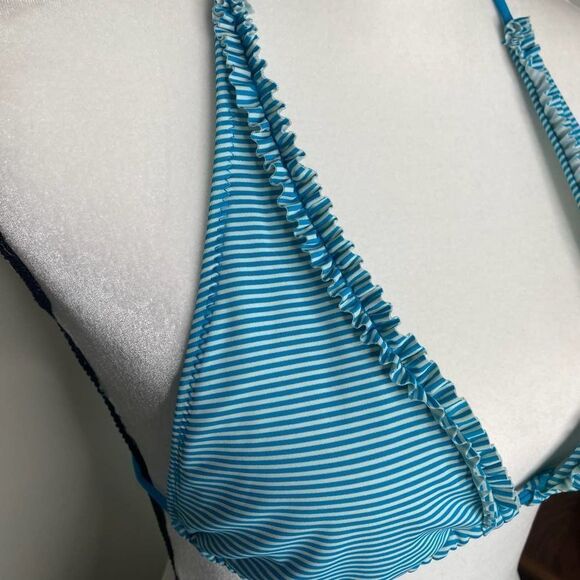 American Eagle Ruffled Edge Striped Halter String Triangle Bikini Top Blue Small - Picture 2 of 10